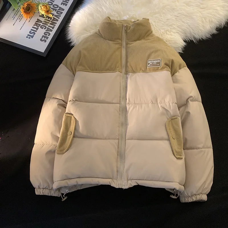 Streetwear Fashion Letter Embroidery Cotton Padding Parkas Coat Men's Casual Corduroy Patchwork Thicken Warm Winter Down Jacket