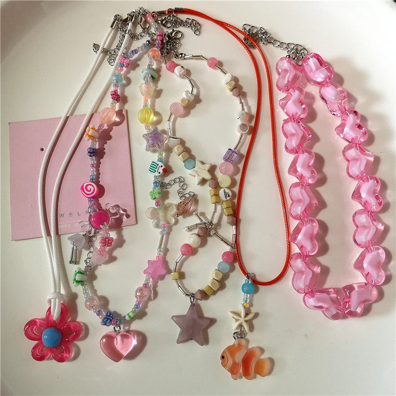 Y2K Pink Acrylic Flower Star Tassel Pendant Beaded Choker Necklace Egirl Heart Chain Aesthetic 2000s Jewelry EMO Accessories