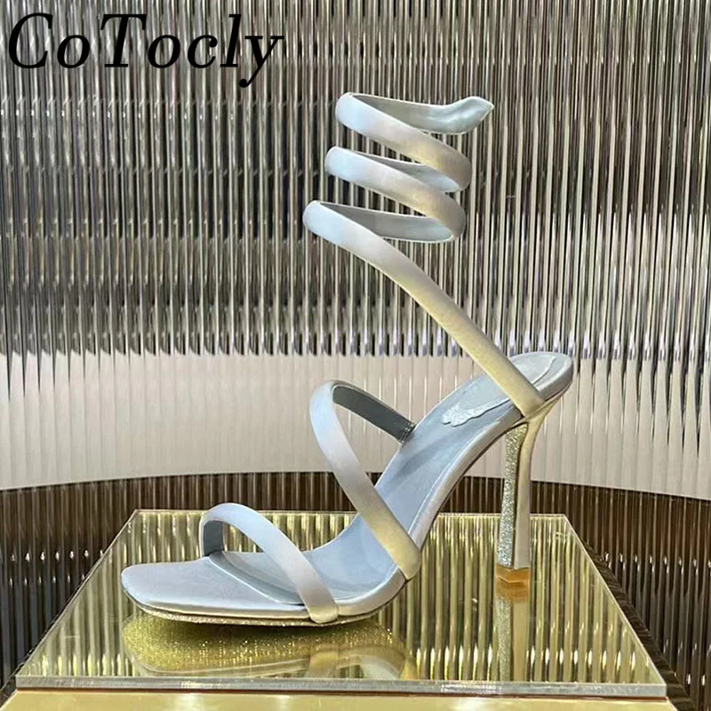 مثير الساتان صندل كعب عالٍ للنساء الصيف خيوط حول الكاحل حزام أحذية الحفلات كعوب رقيقة صنادل طراز جلاديتور امرأة