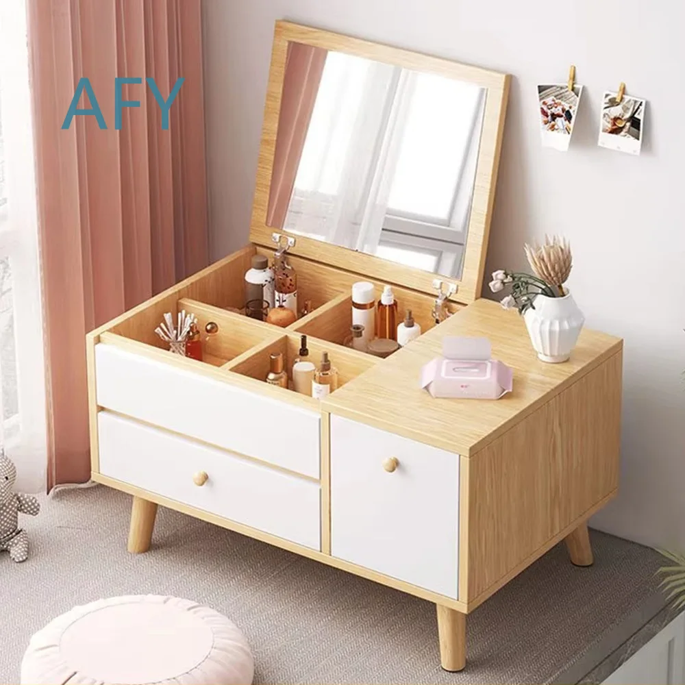 New Minimalist Wooden Dressing Table with Flip Mirror for Bedroom Use 2 Drawer 1 Cabinet Simple Vanity Desk for Home Decor