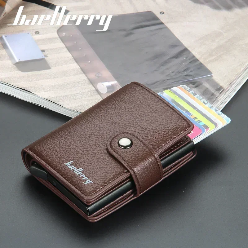 New Card Holder Men Purse Lychee Pattern RFID Automatic Elastic Cards Buckle Wallets for Men Metal Pop-up Aluminum Box Card Case