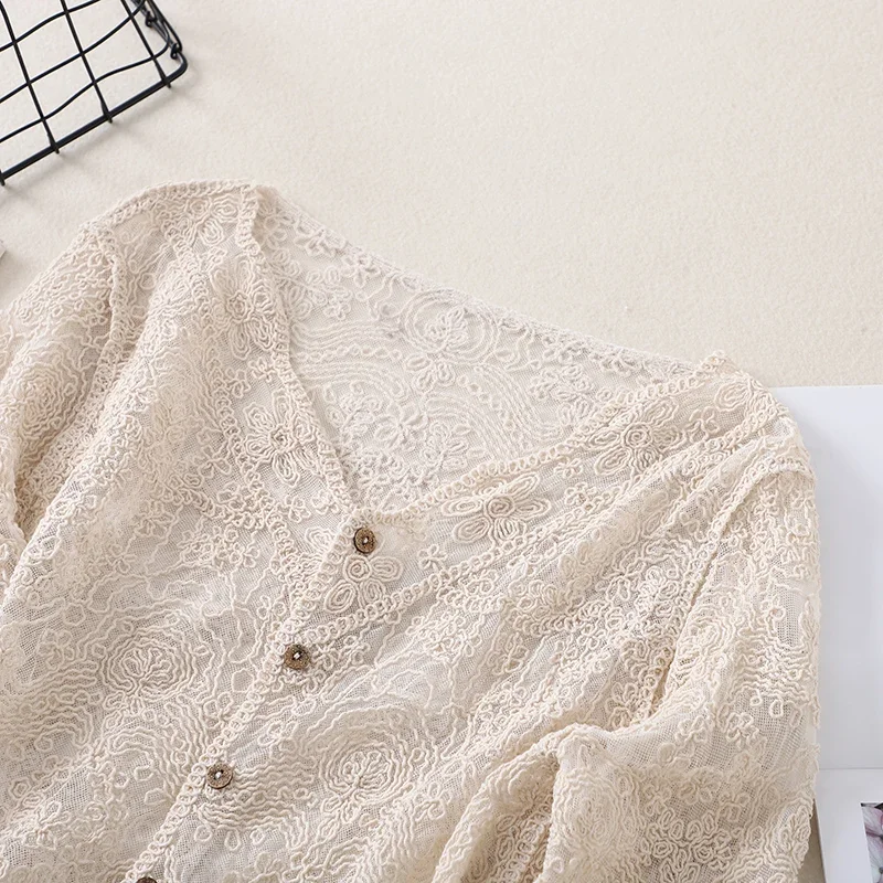 Women Summer Sexy Lace Hollow Transparent T-shirts Solid Buttons Up Cardigan Flare Sleeve TeeV-Neck Ruffles Sweet Shirt Spring