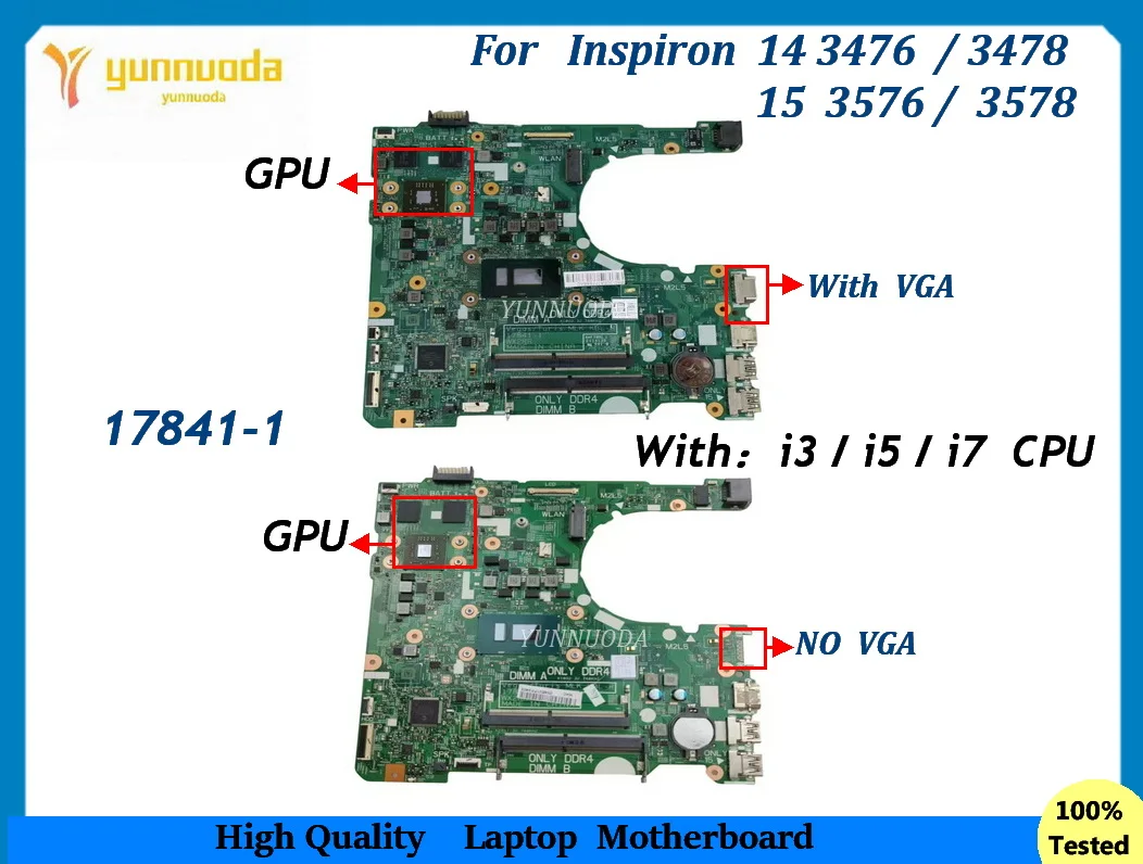 

17841-1 For Dell Inspiron 14 3476 3478 15 3576 3578 Laptop Motherboard With i3 i5 i7-8th Gen CPU With GPU 100% Tested good