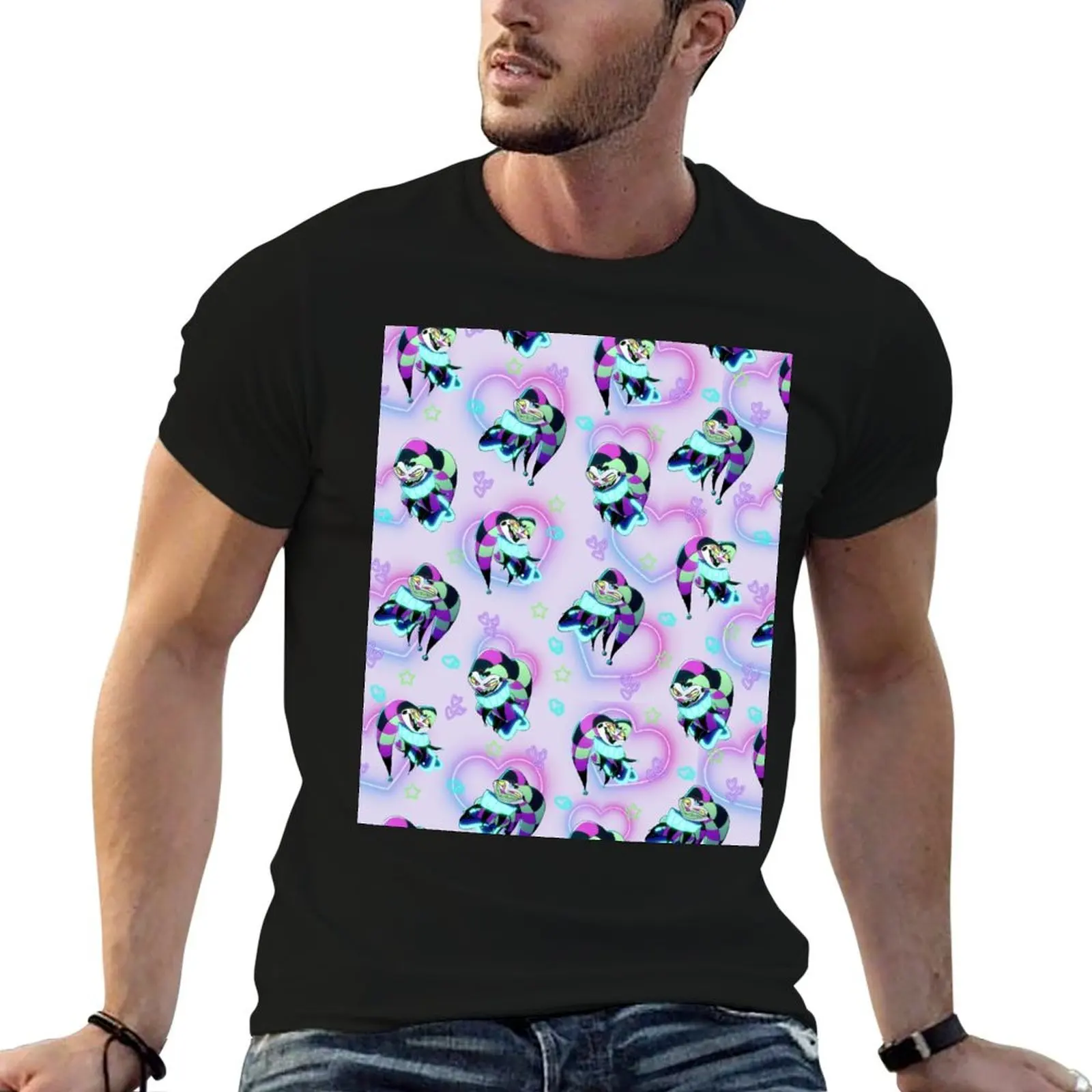 Fizzarolli Fizz Neon Hearts & Stars Seamless Pattern Helluvaboss T-Shirt Large Size Short Sleeve T-Shirt