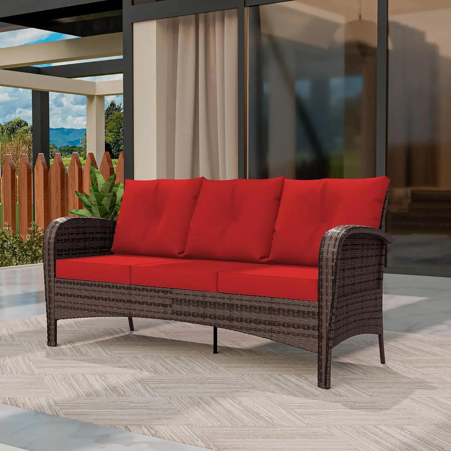 Patio 3-Seater Sofa, PE Wicker Outdoor Lounge with Thick Removable Cushions, Rust-Proof Steel Frame, 900LBS Capacity, Red