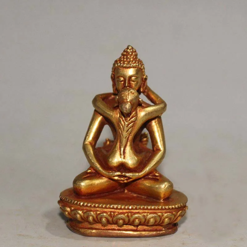 

Tibetan Indian Buddhism pocket Mandkesvara Yab-Yum Hevajra double-edged Happy buddha brass statue Bless family home talisman