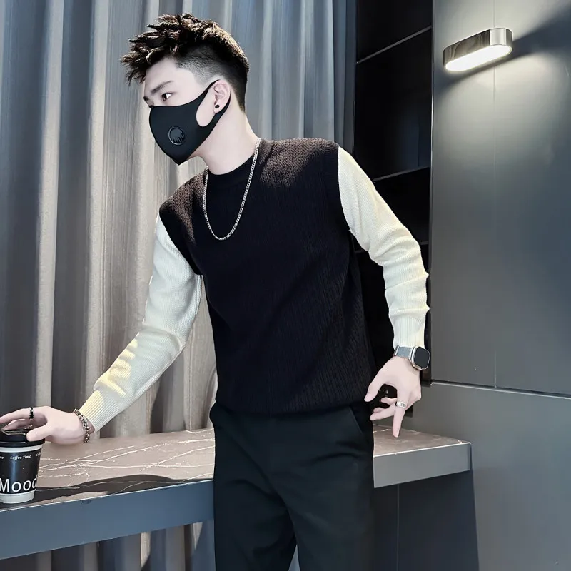 

Slim Fit Thiened Warm Knitted Sweater Small Size Men's Faion Design False Two-Piece Patchwork Sweater Youth Casual round ...