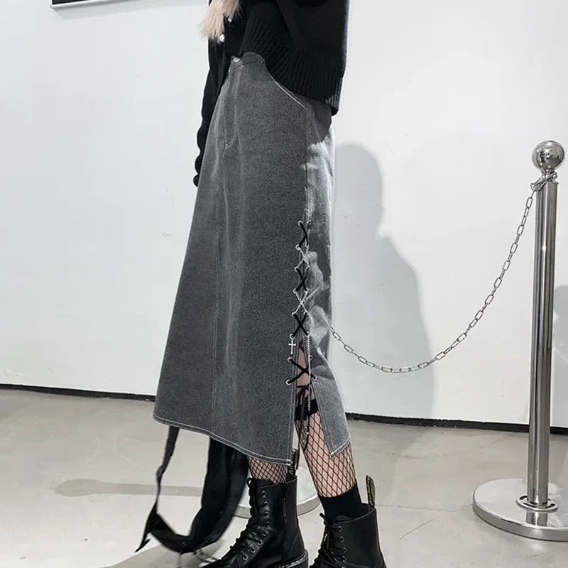 New Vintage Gray Denim Skirts Woman Y2K Streetwear Lace Up Design Side Split Skirts Korean Chic High Wiast Long Skirt Women 2024