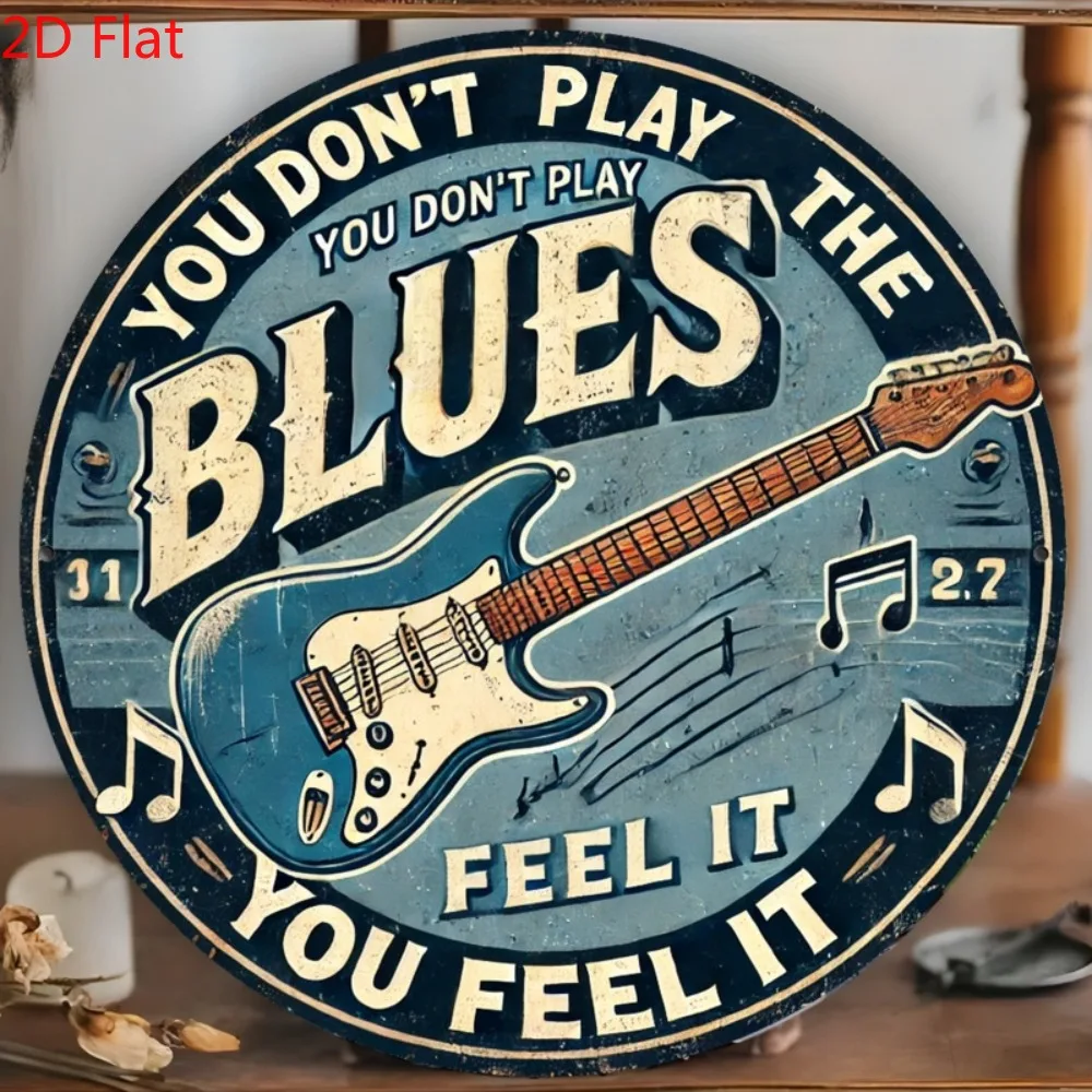 Vintage Blues Guitar Metal Sign - Retro Circular Iron Wall Decor for Bar, Cafe & Kitchen