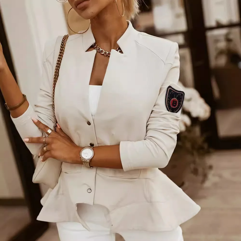 Women Apricot White Jacket Long Sleeve Single Breasted Button Office Autumn Coat Jackets