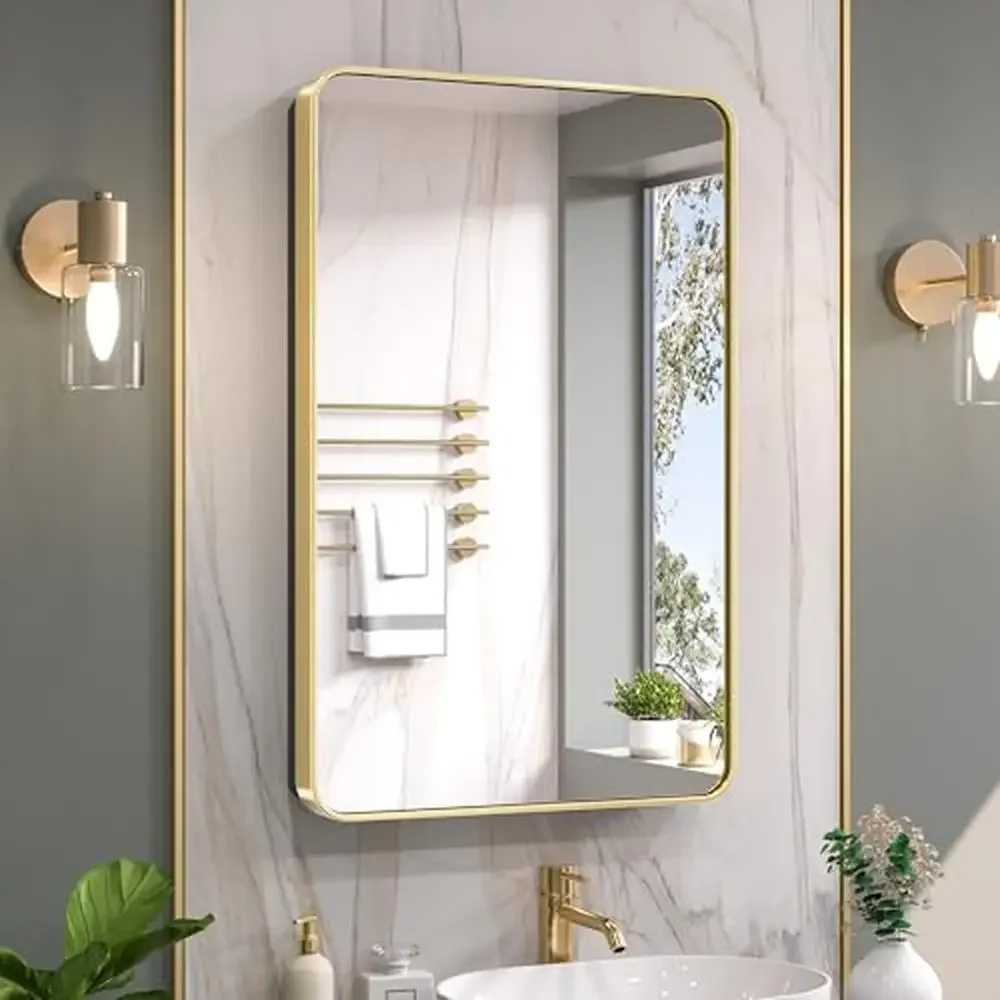 Adjustable Shelves Stainless Steel Framed Gold Medicine Cabinet 20x32 Inch Bathroom Mirror Single Door Rustproof Waterproof