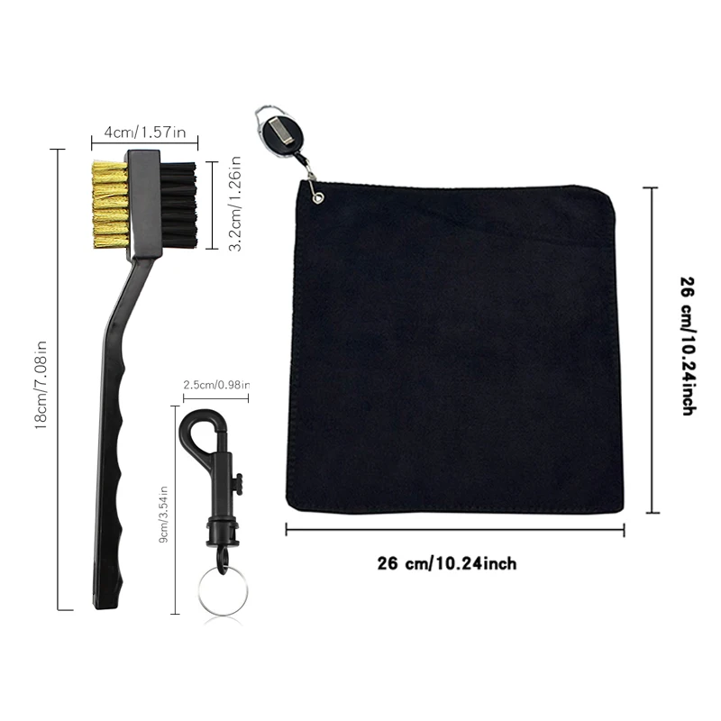 Golf Club Cleaning Kit Polyester Fiber Towel & Nylon Brush with Sturdy Clip for Portable Course Maintenance Tool