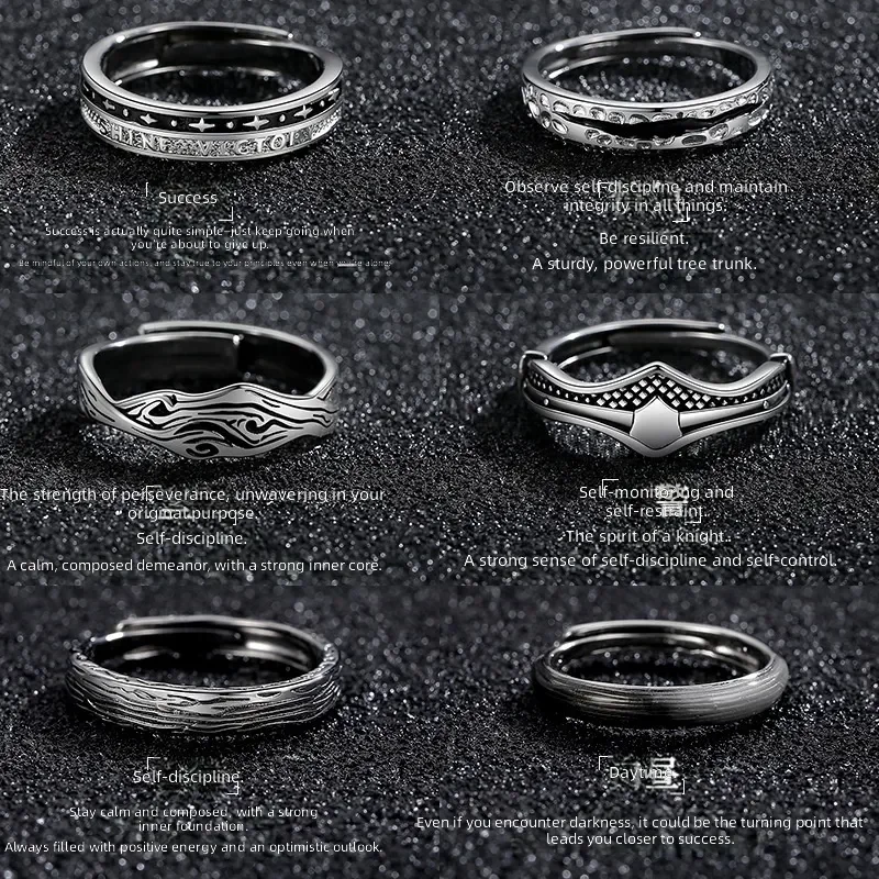 Vintage Anti Thai Silver Men Rings Trendy Stacked Open Ring Korean Version Hip Hop Single Ring Self Discipline Jewelry for