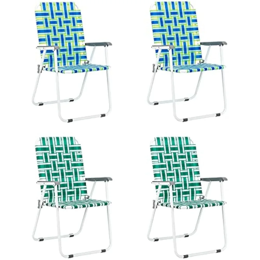 

Blue and Green Webbed Folding Patio Lawn Chairs Set - Portable Outdoor Beach Chairs for Camping and Garden Use