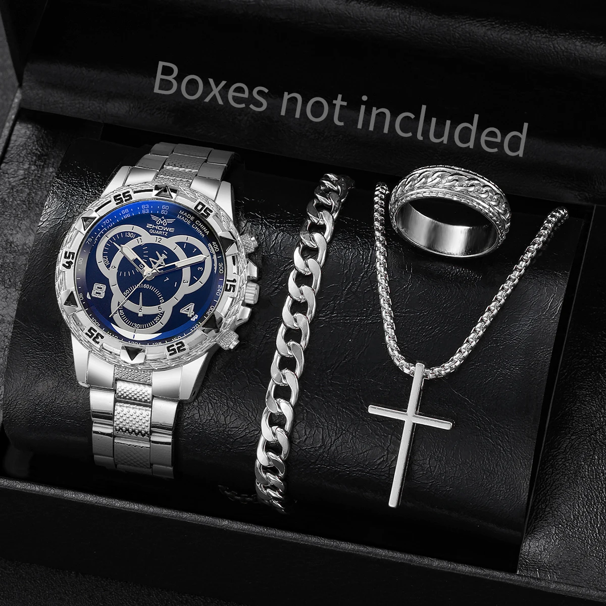 4 ピース/セット高級メンズビジネス腕時計ファッションラージダイヤルクォーツ腕時計ジュエリーセットリロイ Hombre (箱なし)