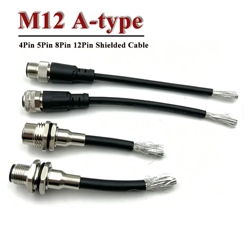 M12 A-type Flange Socket Plug Shielded Copper Tube Panel Mount Socket Wire 4/5/8/12 Pin Gold Plated Waterproof Connector Cable