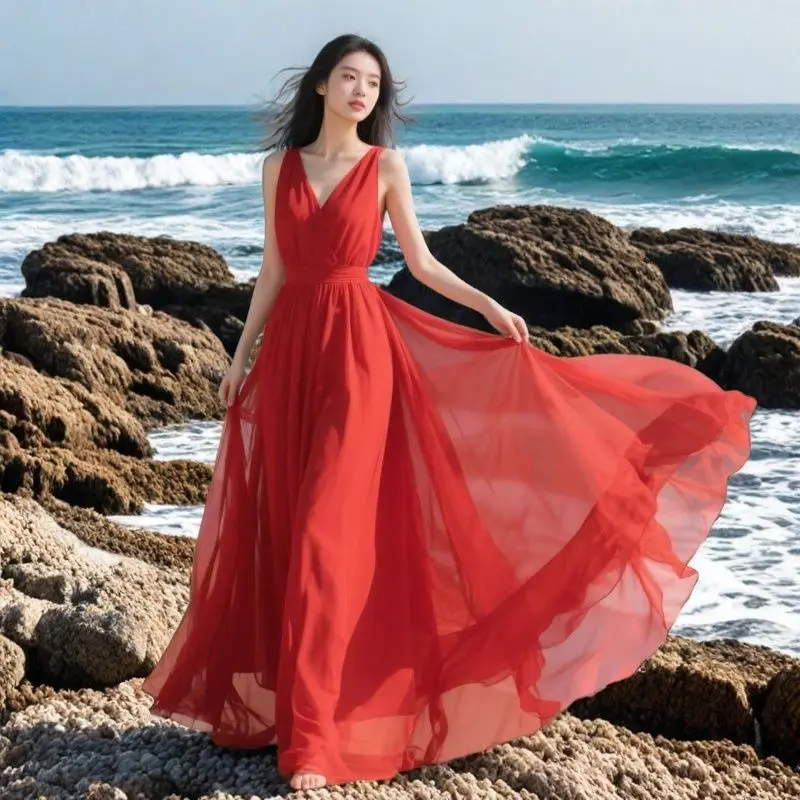 Boho ฤดูร้อนสีแดงชีฟองชุดชายหาดผู้หญิงเซ็กซี่ V คอวันหยุดเต้นรําชุดราตรียาว Maxi Robe 2025 ใหม่