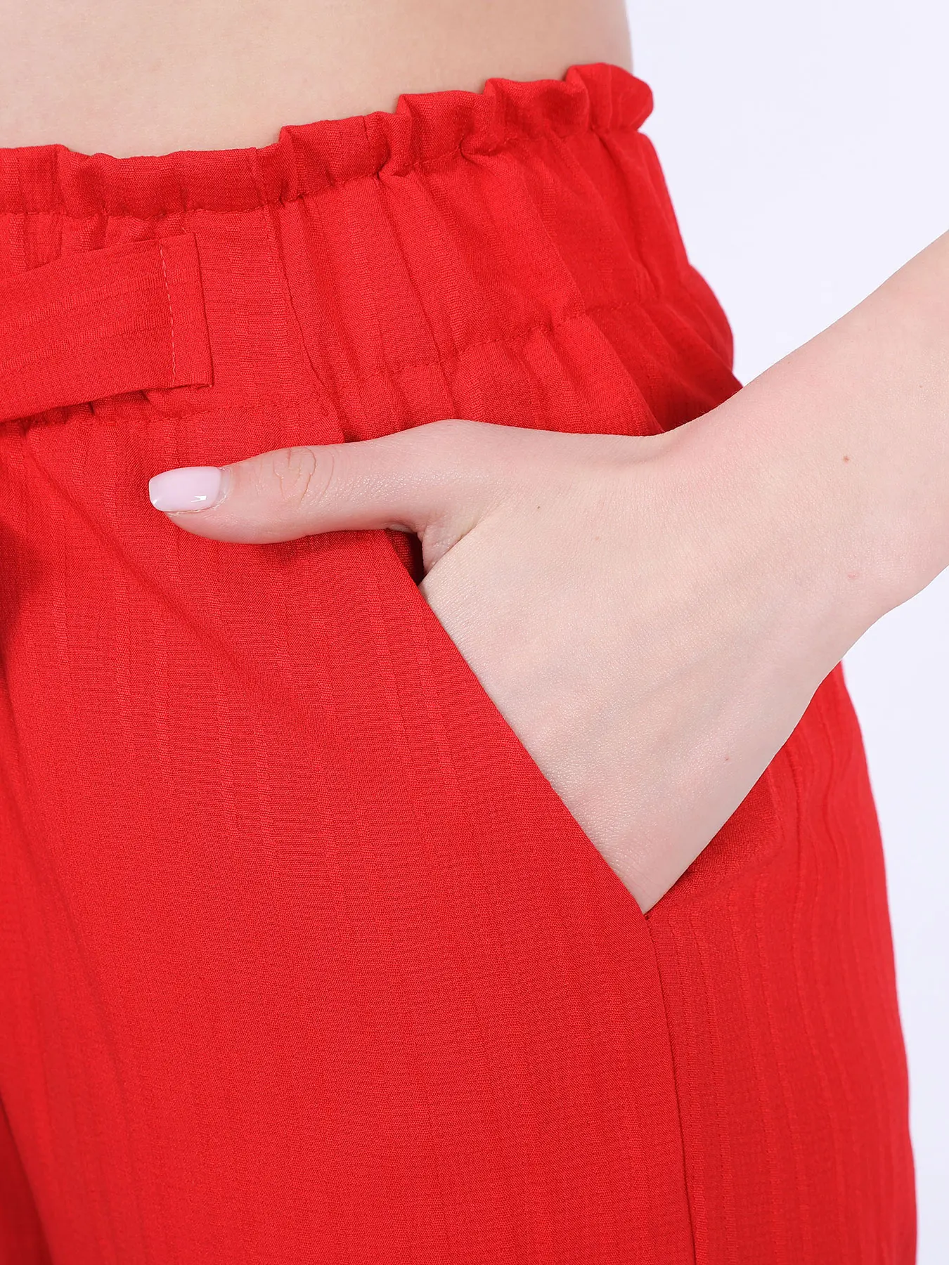 Fashion Lace-up Red Wide Leg Pants Casual Loose Elastic High Waist Cotton-linen Long Pants For Women Trouser Streetwear