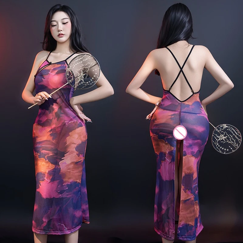 

Женское сексуальное платье с висячим вырезом и открытой спиной, соблазнительное порно Cheongsam, нижнее белье с принтом тай-дай, ночная рубашка, ночная рубашка