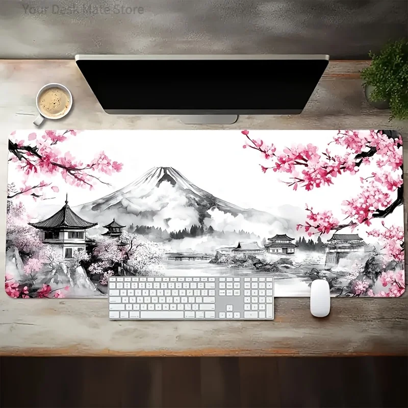 Japanese Mount Fuji Cherry Blossom Gaming Mouse Pad, Extended Non Slip Mat Smooth Edges for Gamers Office Home Wireless Mouse