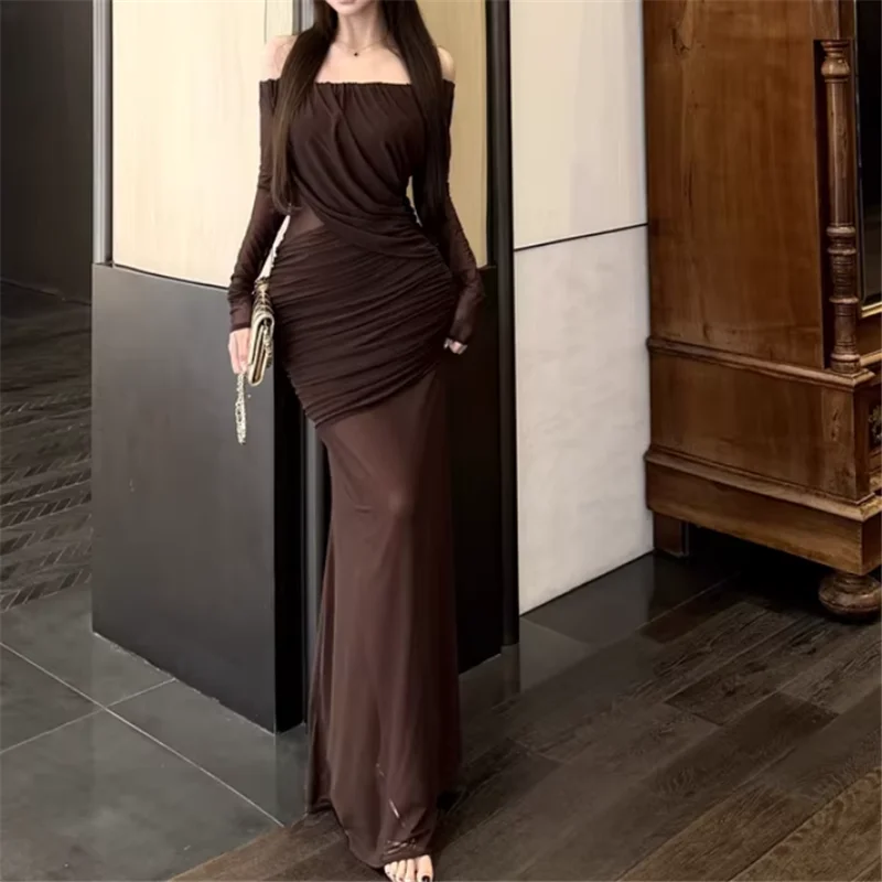 Women Long Sleeve Off Shoulder Coffee Long Dress New Spring Slash Neck Mesh Patchwork Dress Strapless Pleated Pencil Party Dress