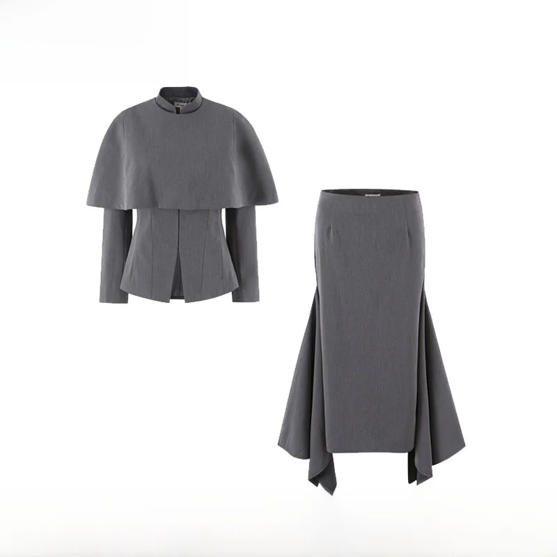 Fashionable Early Autumn Women's Suit ZR Style Irregular  Skirt Cowl Neck Padded Jacket Three Piece Set Polyester Fiber