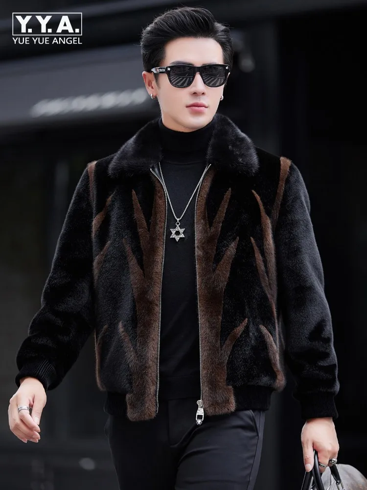 

Мужская верхняя одежда из искусственного меха из натуральной кожи, облегающее зимнее пальто, куртки с воротником из натурального норкового меха, пальто с лацканами на молнии