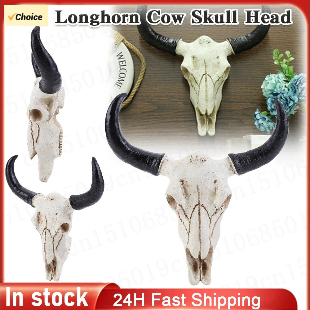 1/2PCS Resin Longhorn Cow Skull Head Retro Bull Skull 3D Animal Horns Sculpture Figurines Crafts Wall Hanging Decorations