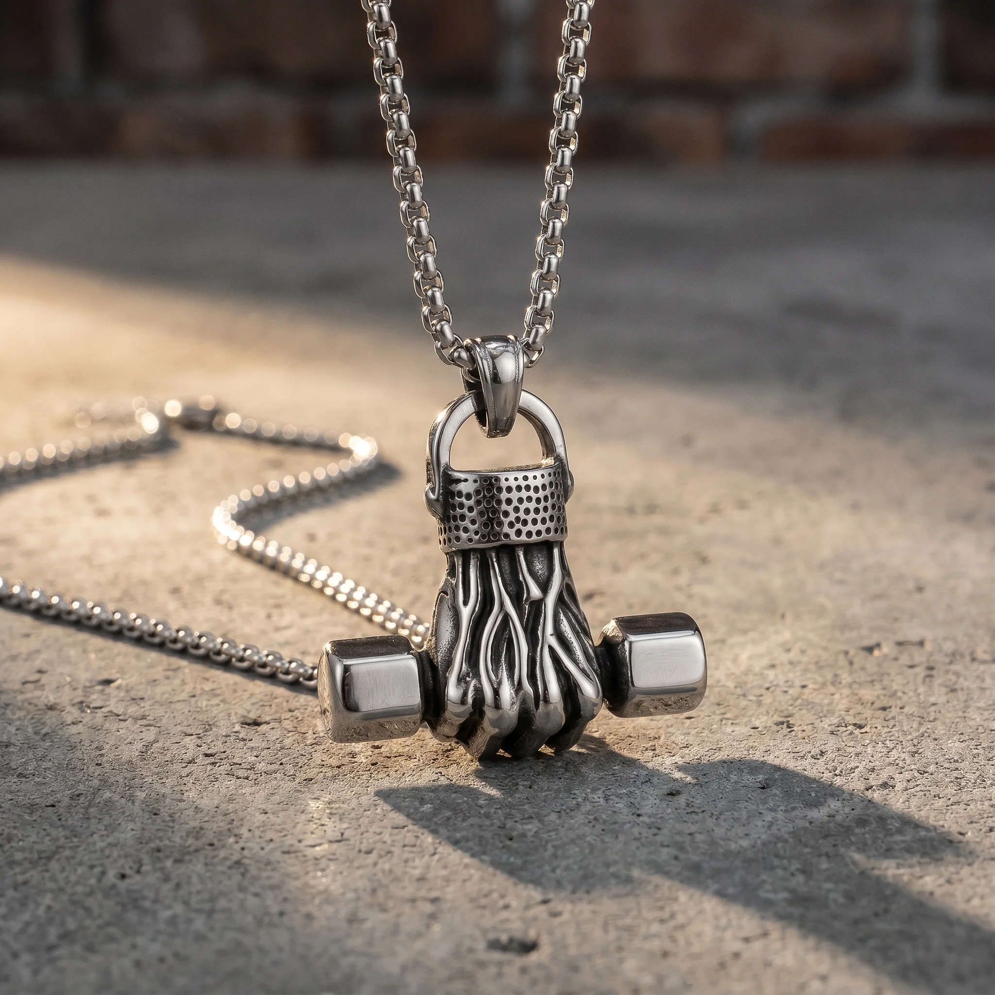 Silvery Stainless Steel Muscle Hand Dumbbell Pendant Necklace Fitness Gym Workout Motivational Jewelry Gift For Men