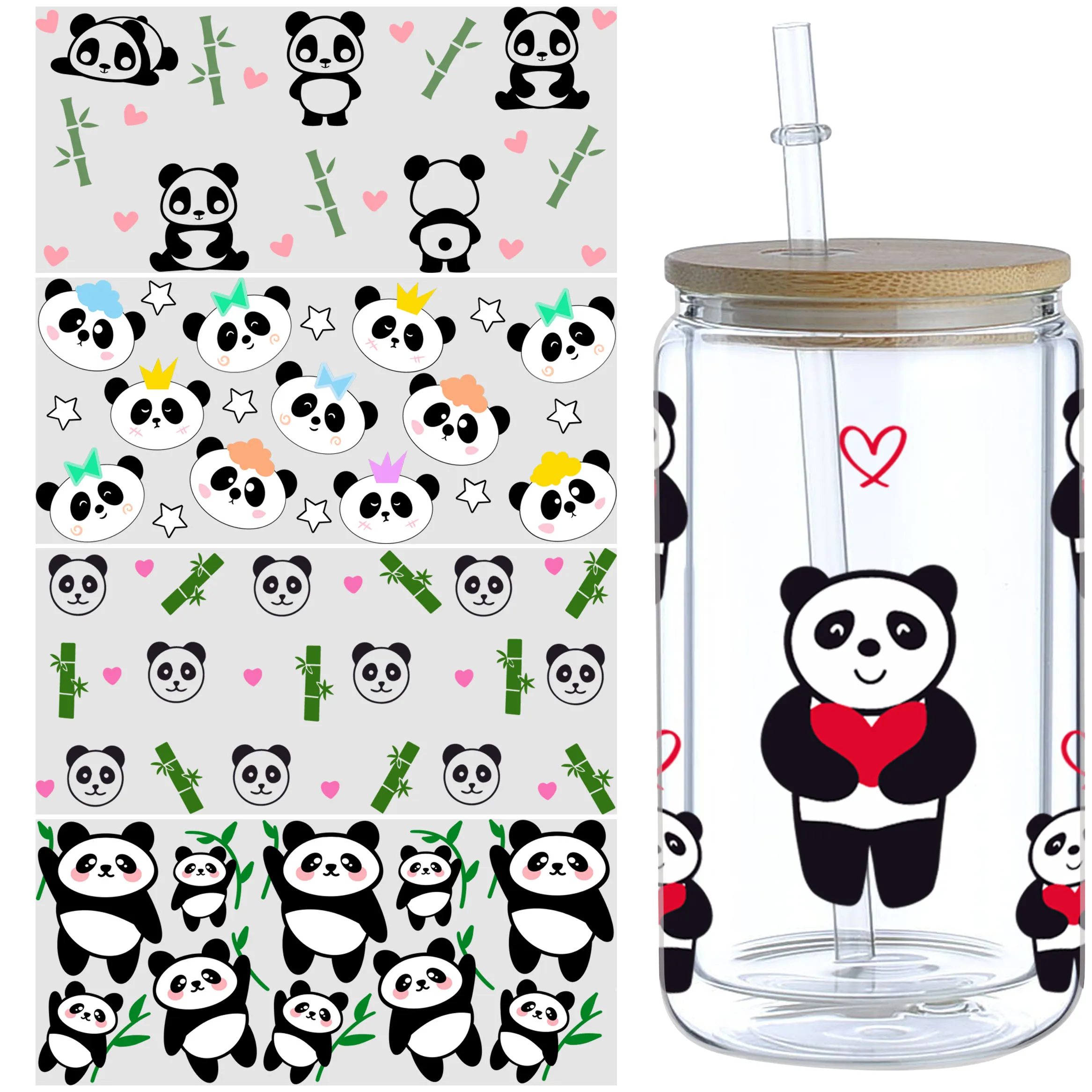5 Sheets Panda UV DTF Cup Stickers, Glass DTF Transfer Stickers, Waterproof Wipe Transfers for 16oz Glass, Mugs, Crafts, DIY