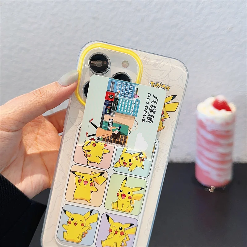 Japan Anime Cute Pokemon Pikachu Wallet Card Bag Bracelete Lanyard Phone Case per iPhone 11 12 13 14 15 Pro Max Anti-caduta Cover
