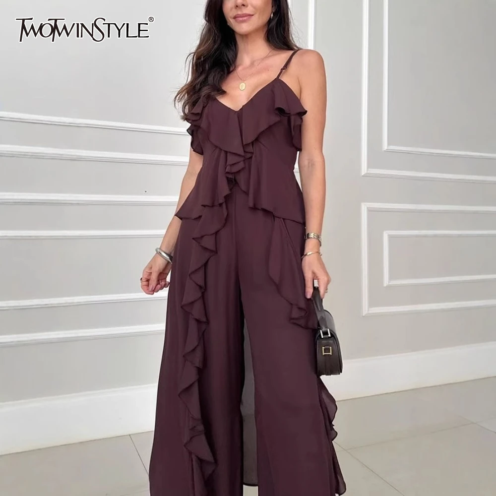

TWOTWINSTYLE Solid Two Piece Set for Women V Neck Sleeveless Top High Waist Pant Pant Spliced Ruffles Sets Female New