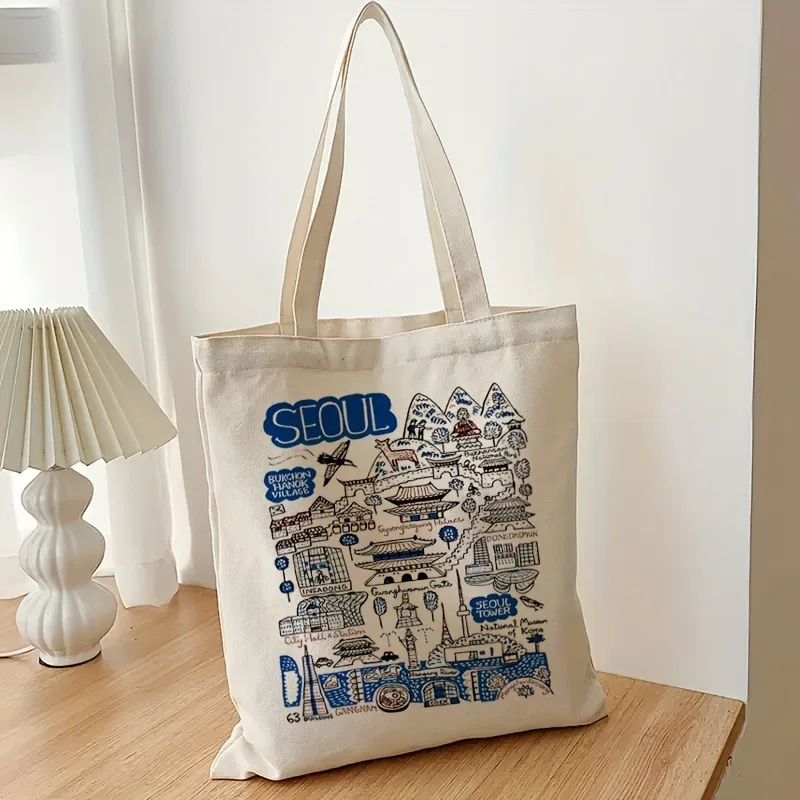 Seoul Korea Themed Canvas Tote Bag Seoul Souvenir Gift Seoul City Trendy Folding Shoulder Bags for Traveler Best Gift for Her