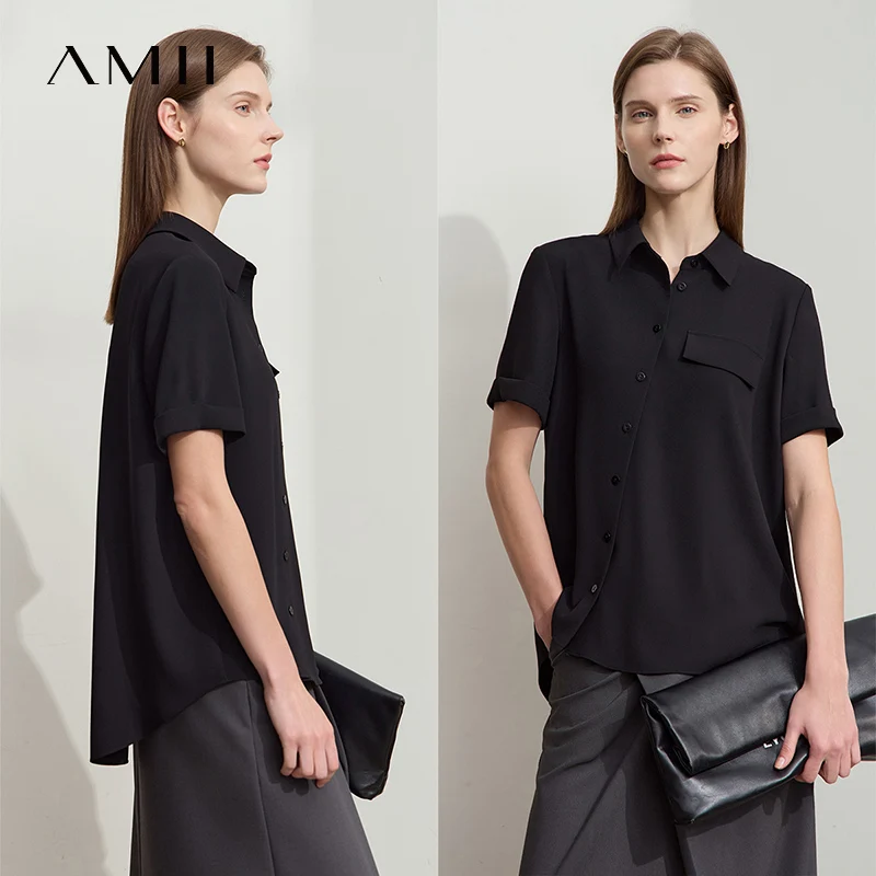 AMII Minimalistische Office Lady Blouses Dames 2025, Effen Korte Mouw Zomer Asymmetrische Turn-down Kraag Chiffon Shirts 12542219