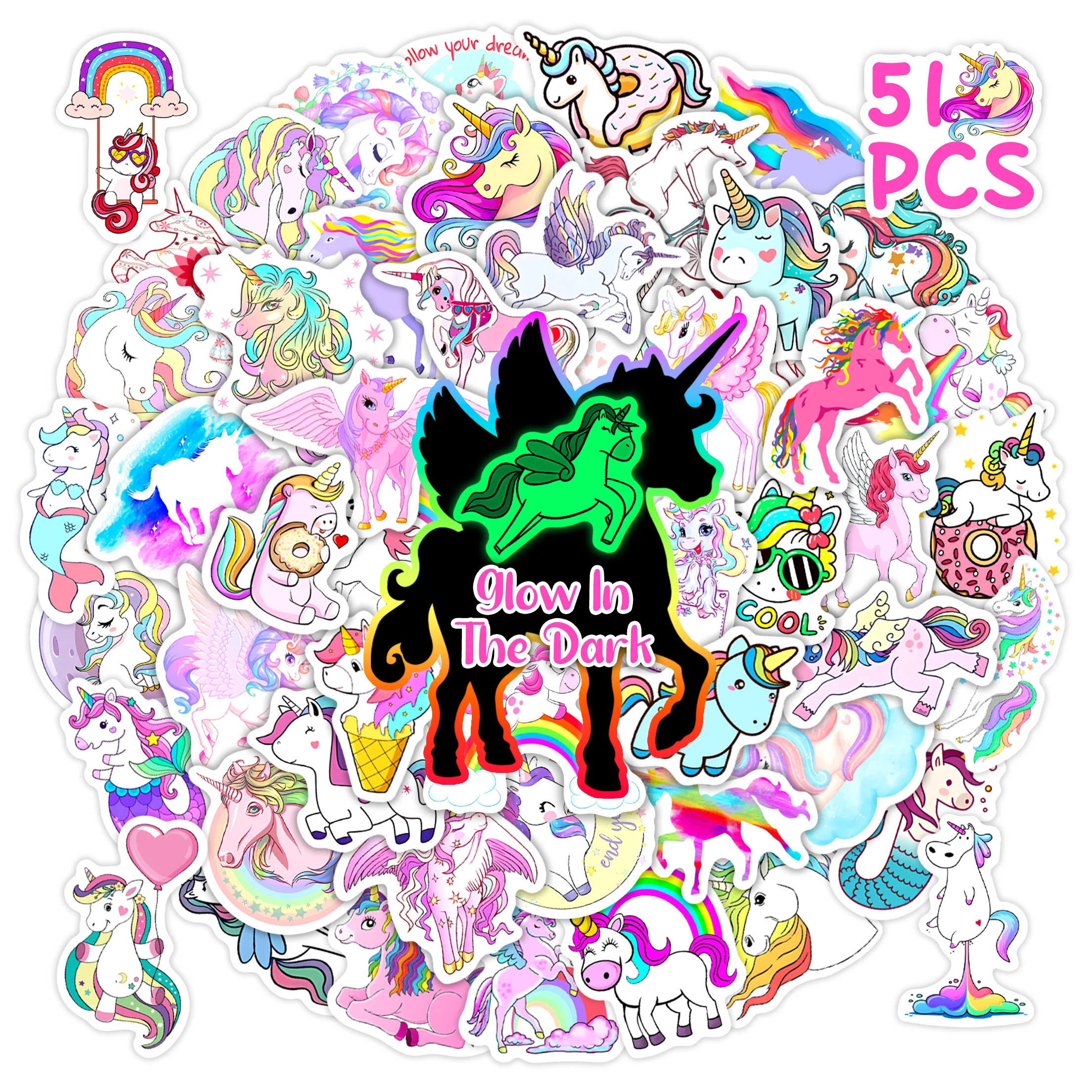 ユニコーンパターンの粘着性ビニールステッカー,防水ビニールステッカー,DIYバッグ,スケートボード,電話ケース,子供用装飾,かわいい,51個