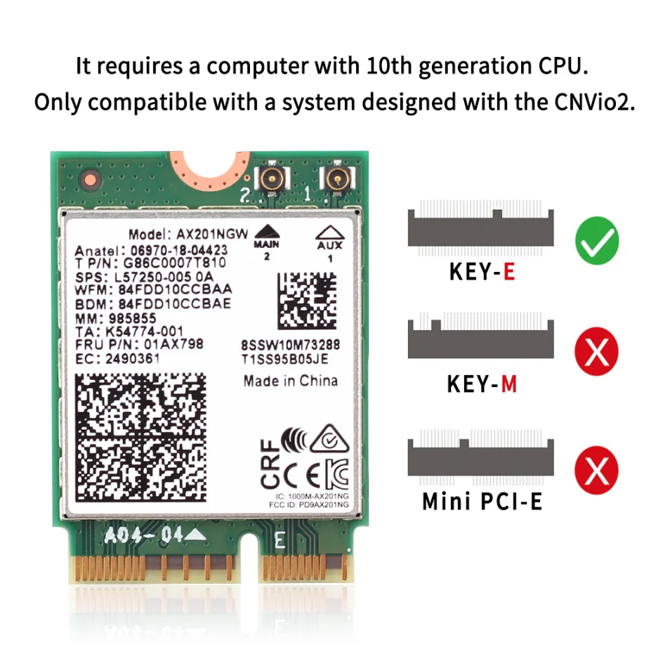 Wifi 6 AX201 Bluetooth 5,0, banda Dual 2,4G/5G, botón NGFF inalámbrico E CNVi, tarjeta Wifi AX201NGW 2,4 Ghz / 5Ghz 802.11ac / ax