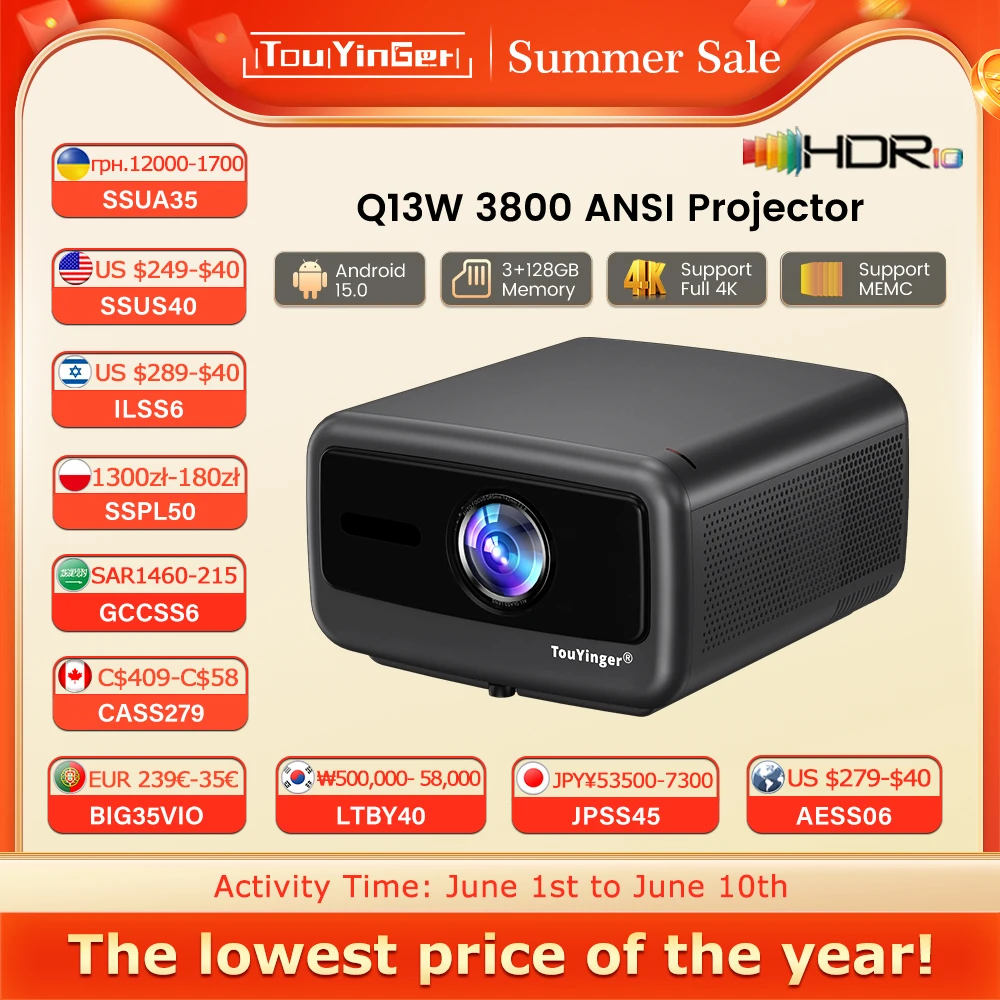 Touyinger Q13W 3800 Ansi Full HD 4K Projectors Home Theater Video 3G 128G Samrt TV Beamer for Movies