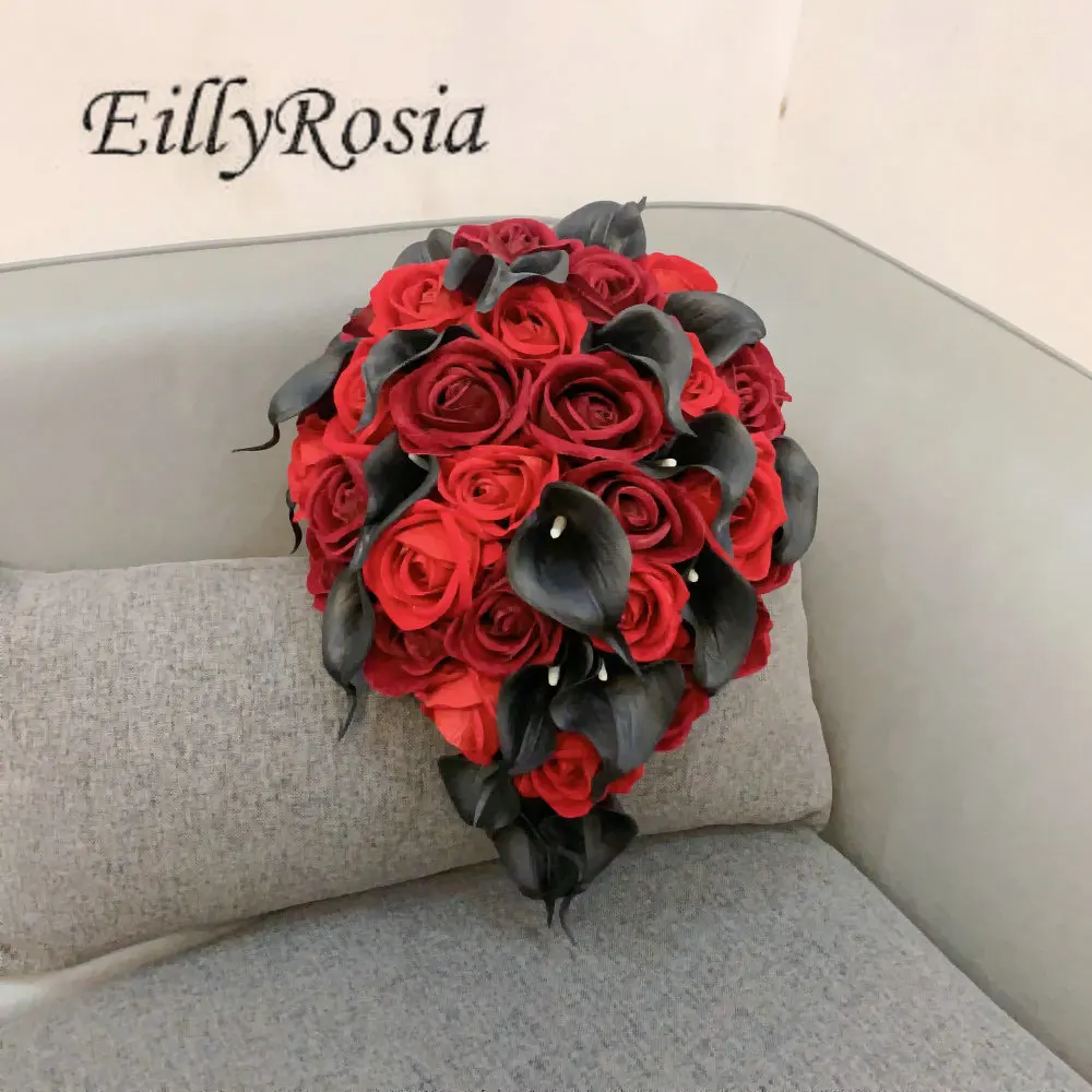 EillyRosia Black and Red Burgundy Wedding Flowers Accessories Set for Bride Bridesmaid Bouquet and Groom\'s Boutonnieres