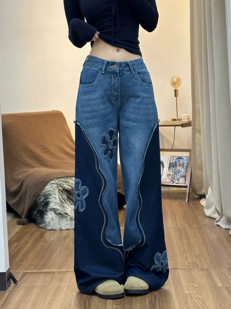 

2026 Trend Y2K Style Patchwork Flower Washed Blue Baggy Women‘s Jeans Pants For Woman Clothing Straight Casual Denim Trousers
