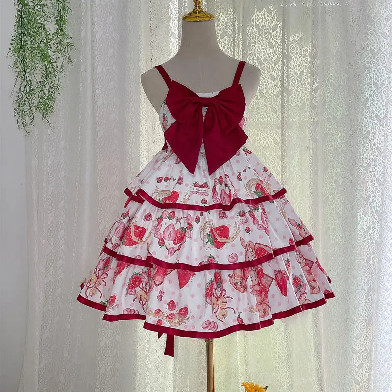 Victorian Sweet Jsk Lolita Dress Women Kawaii Elegant Strawberry Kawaii Chic Retro Party Dresses Girls Mini Sleeveless Dress