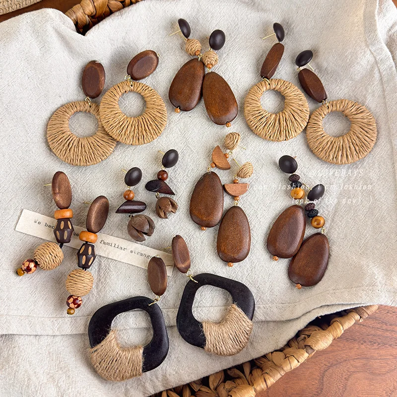 Earrings Boho Wooden Oval Woven Hemp Rope Long Dangle Travel Photoshoot Lightweight Natural Handcrafted Jewelry for Women