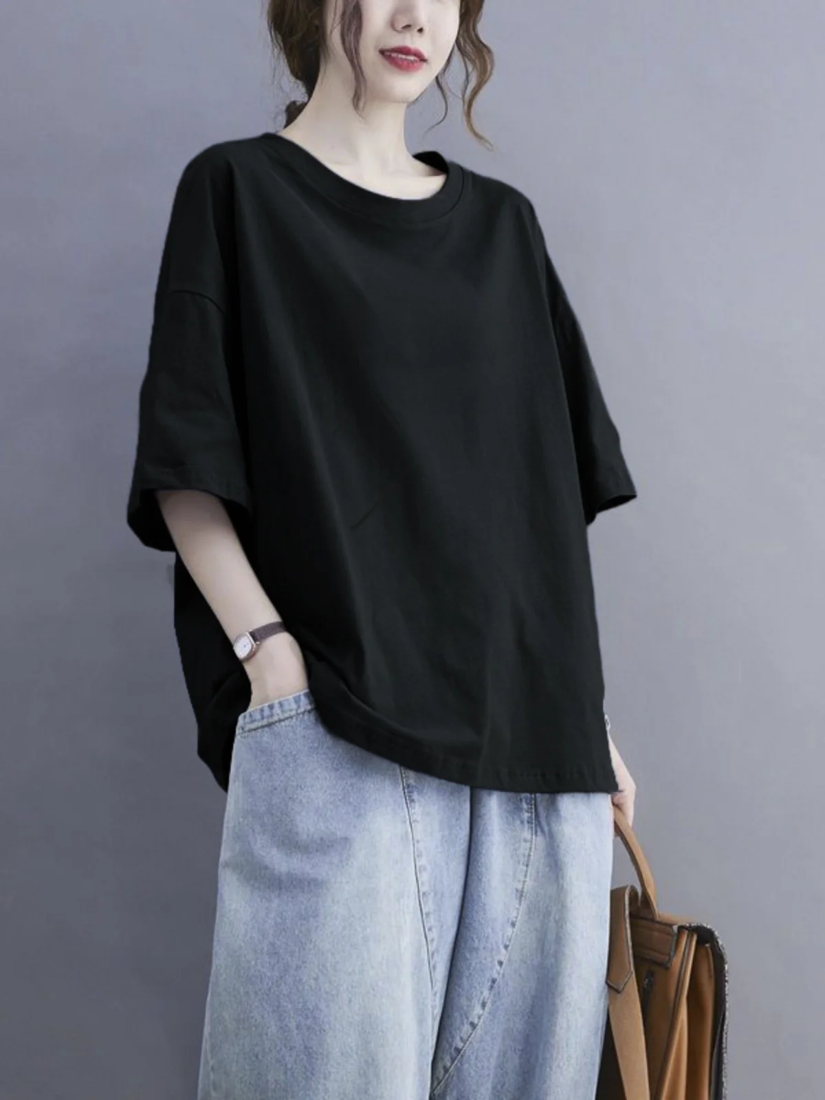 Loose Pure Color Short Sleeve T-Shirt Fashionable Inner Wear Base Shirt for Middle-Aged And Elderly Women Printed Anti-Wrinkle