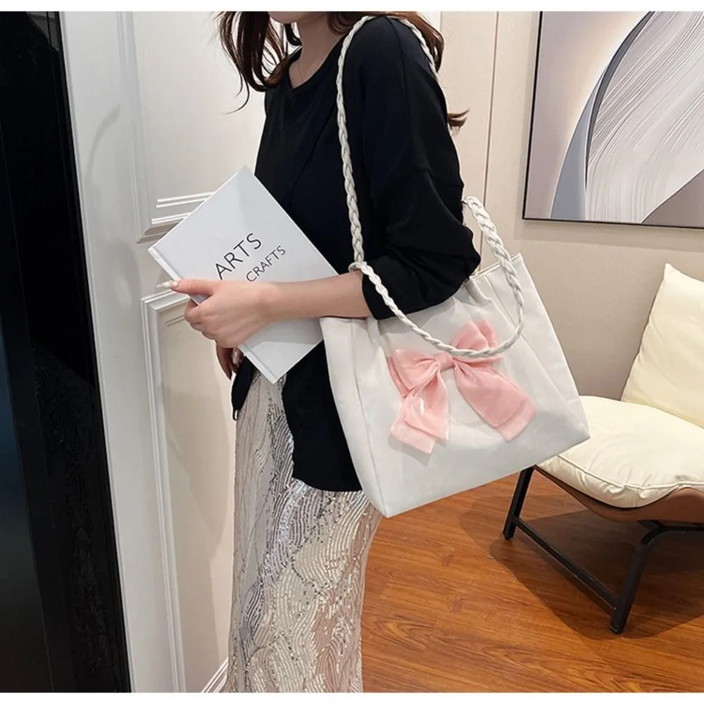 Fashion Bowknot Shoulder Bag Solid Color Braid Strap Tote Bag Ballet Style Underarm Bag