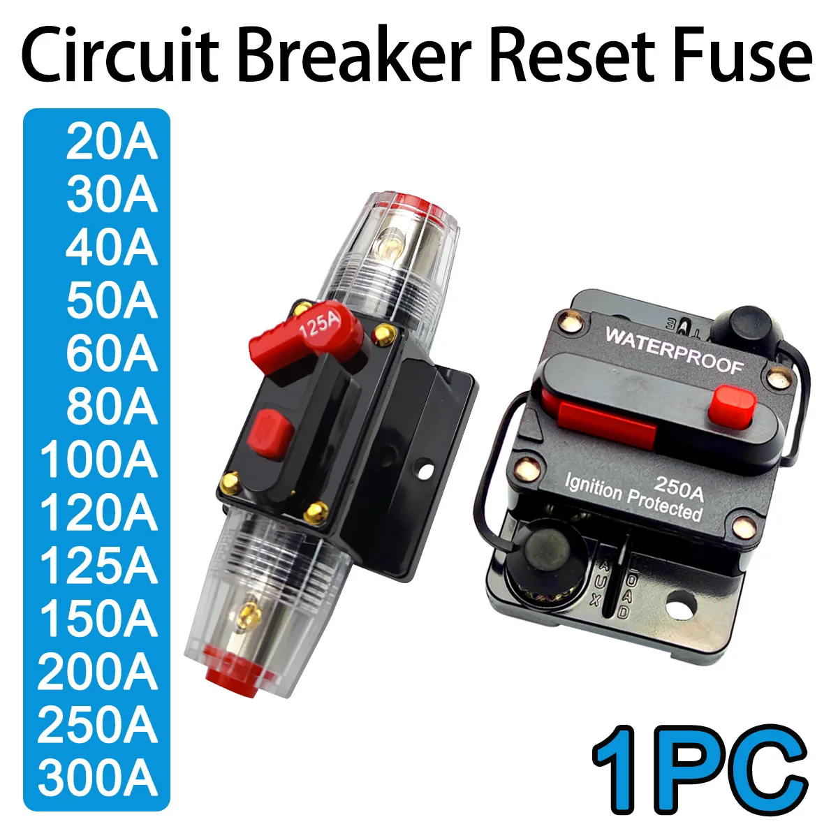 

1 шт., автоматический выключатель с ручным сбросом, 20 А до 300 А, защита переключателя, автомобильная аудиосистема, водонепроницаемый автоматический выключатель с ручным сбросом, автомобильная часть