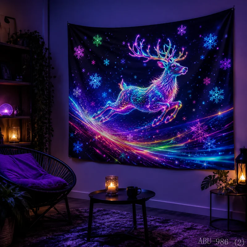 VIKAMA Cyber Pixel Neon Leap Elk Christmas Tapestry HD Background Cloth, Festive Atmosphere Room Decoration