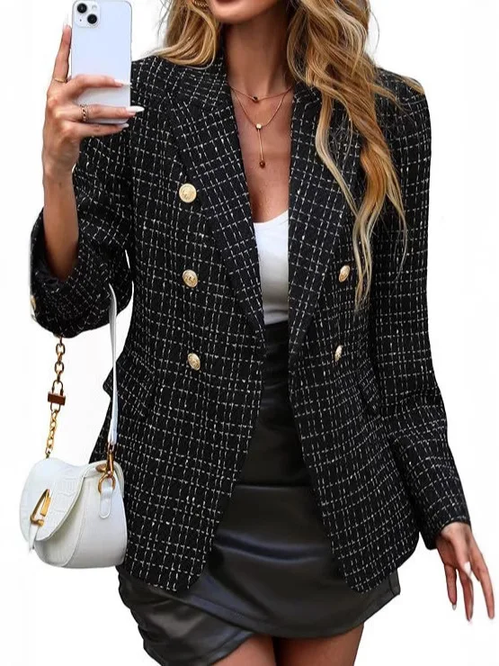 Women Elegant Double Breasted Blazer Light Blue Textured Suit Jacket Casual Work Office Outerwear Long Sleeve Autumn Coat