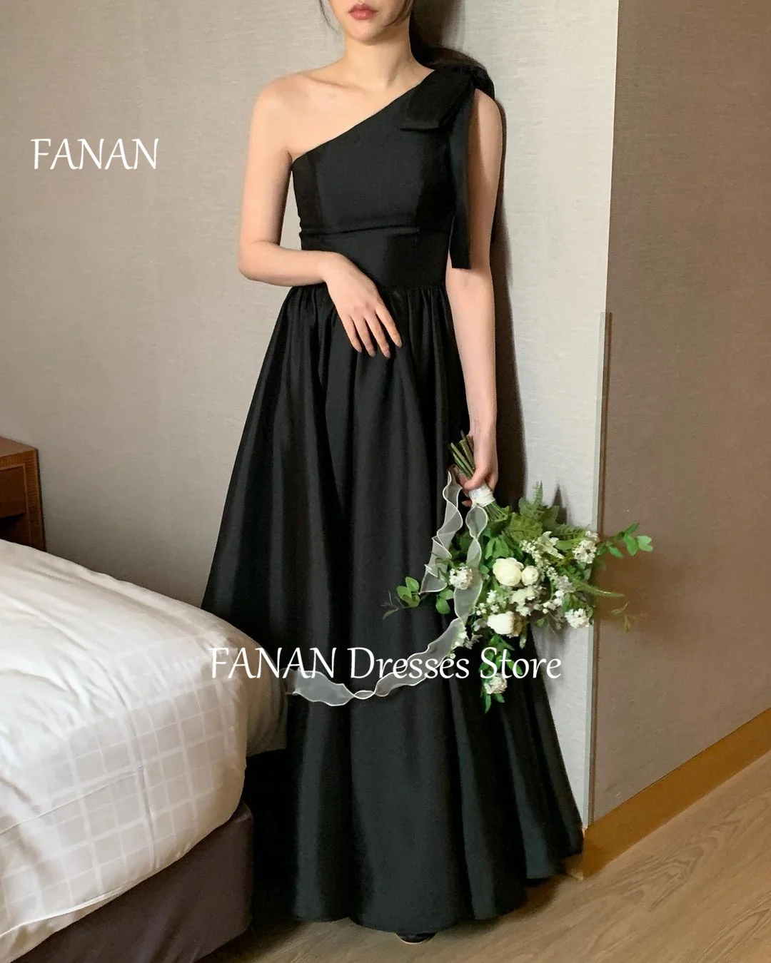 FANAN One-Shoulder A-Line Evening Party Dresses Black Korea Customized Elegant Women Formal Gowns Event Prom Gowns