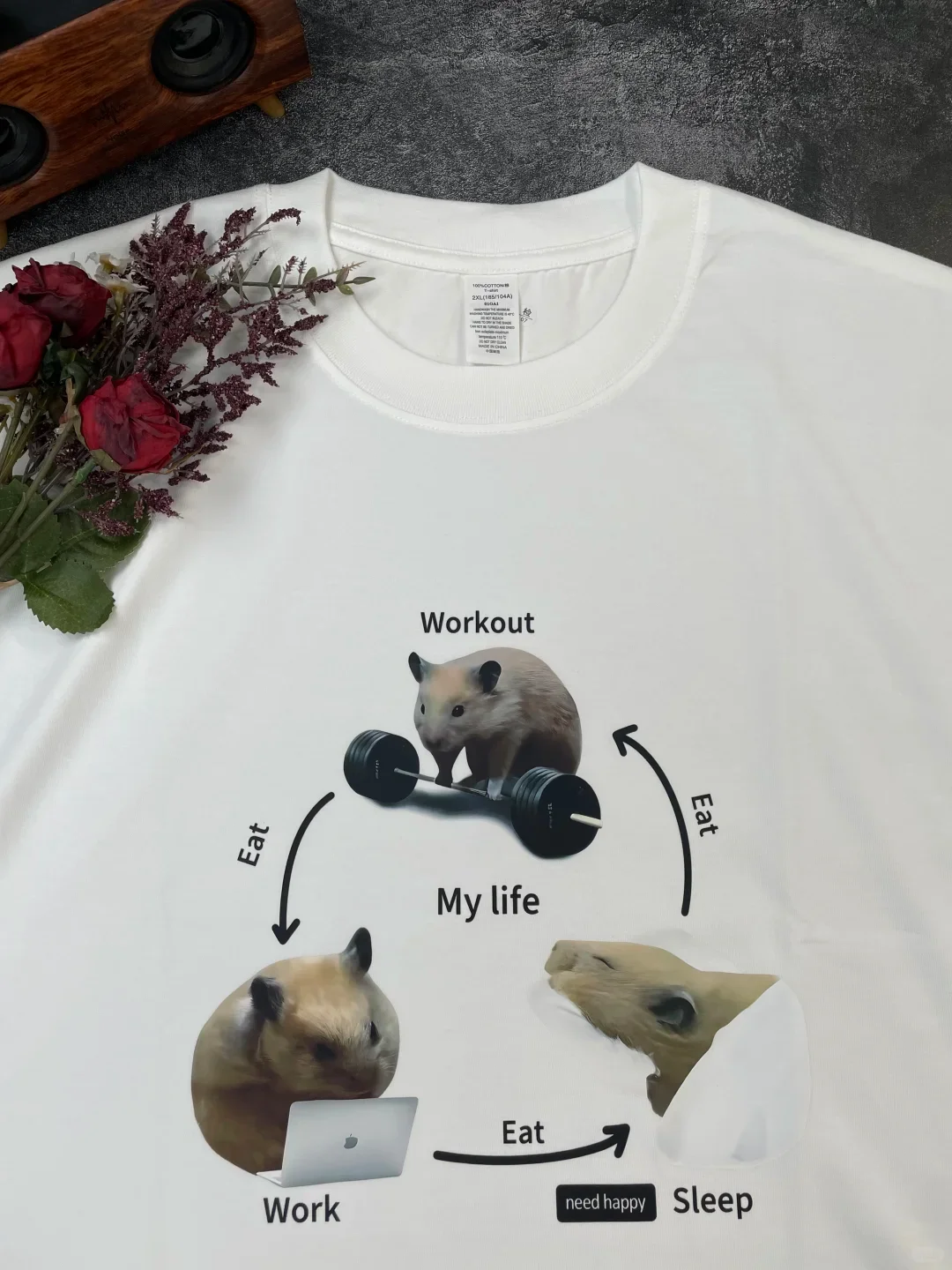 Pure Cotton T-Shirt Weight Liftinghamster Sport Unisex Short Sleeve Commute Print Meme Graphic Tee Casual Loose Fit Summer