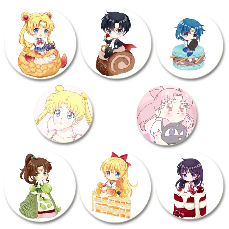 58mm Classic Anime Sailor Moon Brooches Tsukino Usagi Chibiusa Ami Rei Makoto Cartoon Badge Brooch Jacket Jeans Lapel Pin Gift