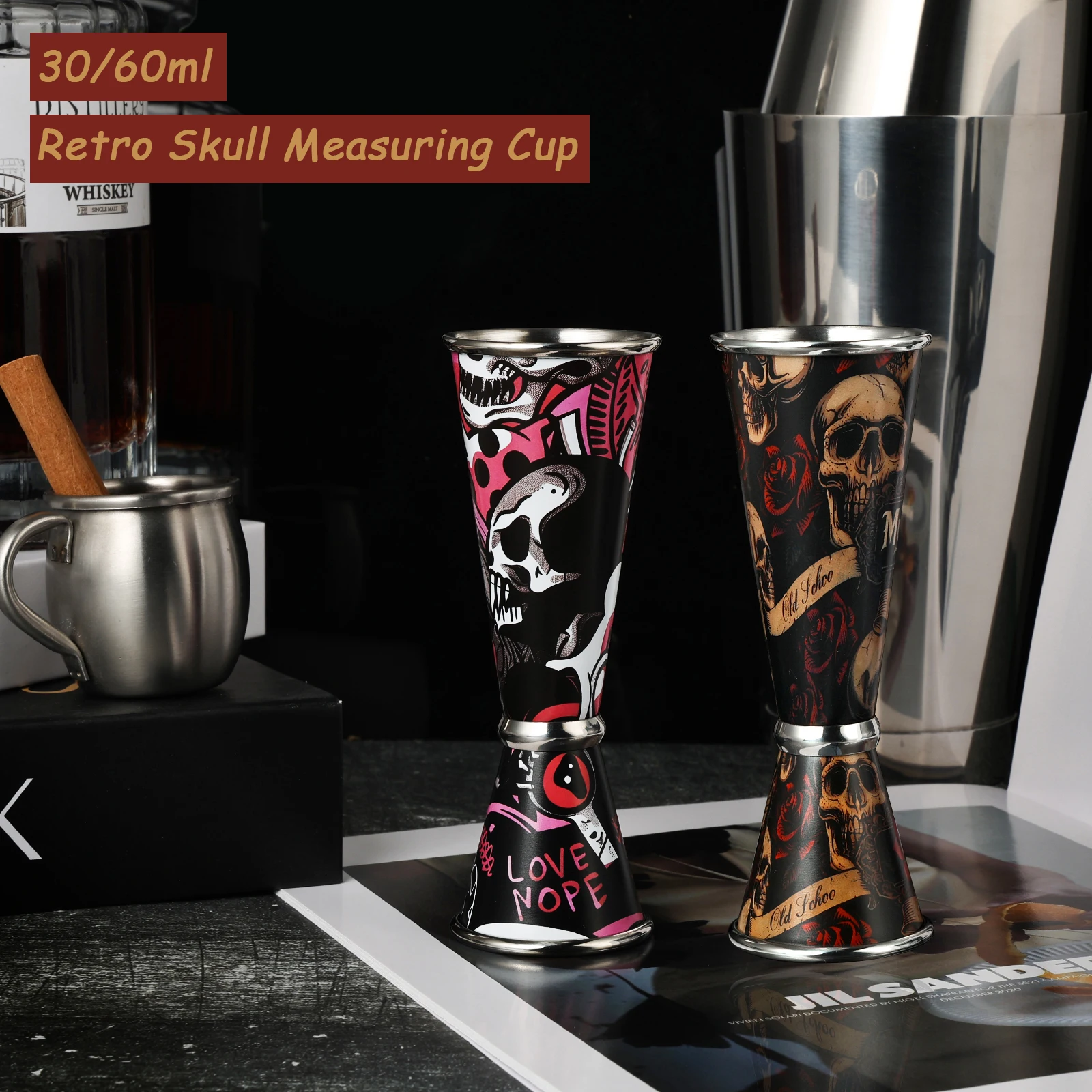 30/60ml Retro Skull Cocktail Wine Measure Cup Stainless Steel Double Shot Drink Spirit Measure Jigger Kitchen Supplies Tools Bar